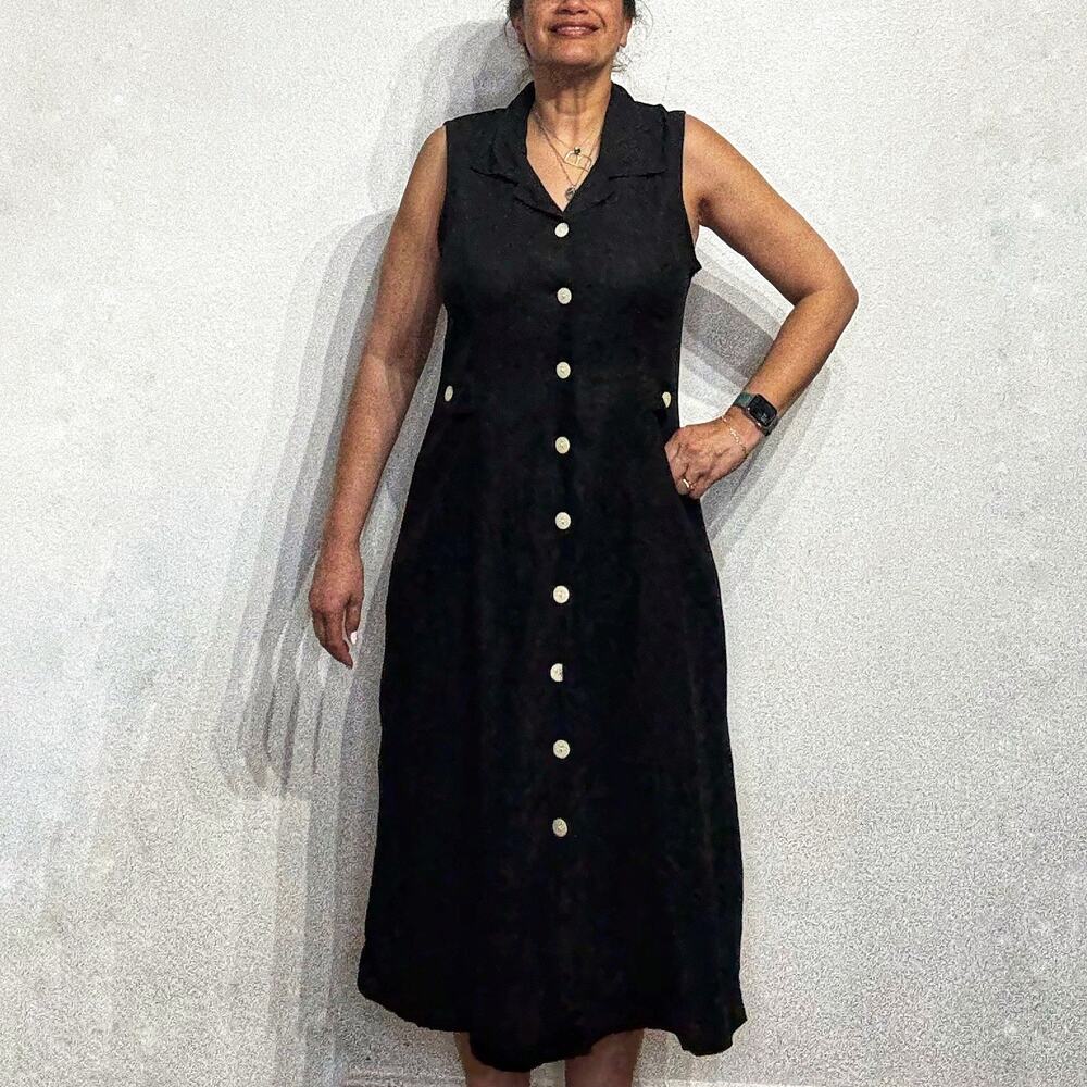 Erika Black Linen Blend Vintage Midi Dress Sz L